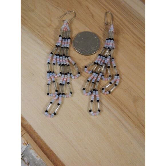 Vintage Beaded Hook Earrings, Pink Black Clear Blue Beaded Fringes Earrings - Picture 4 of 6